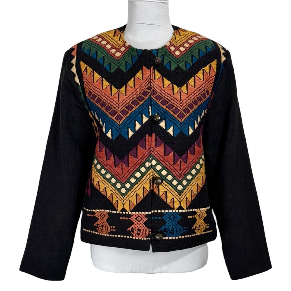 Vintage 90s Boho Southwestern Aztec Jacket Small Handwoven Folk Blanket‎ Boxy